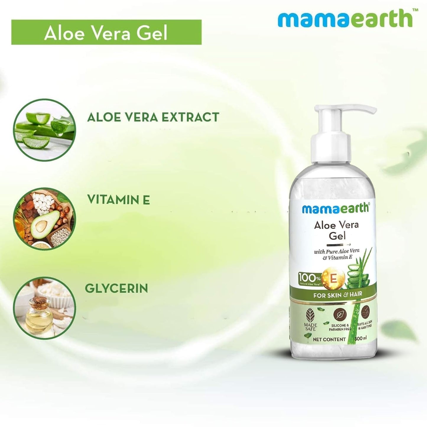 Mamaearth Aloe Vera Gel with Pure Aloe Vera & Vitamin E for Skin and Hair - 300ml