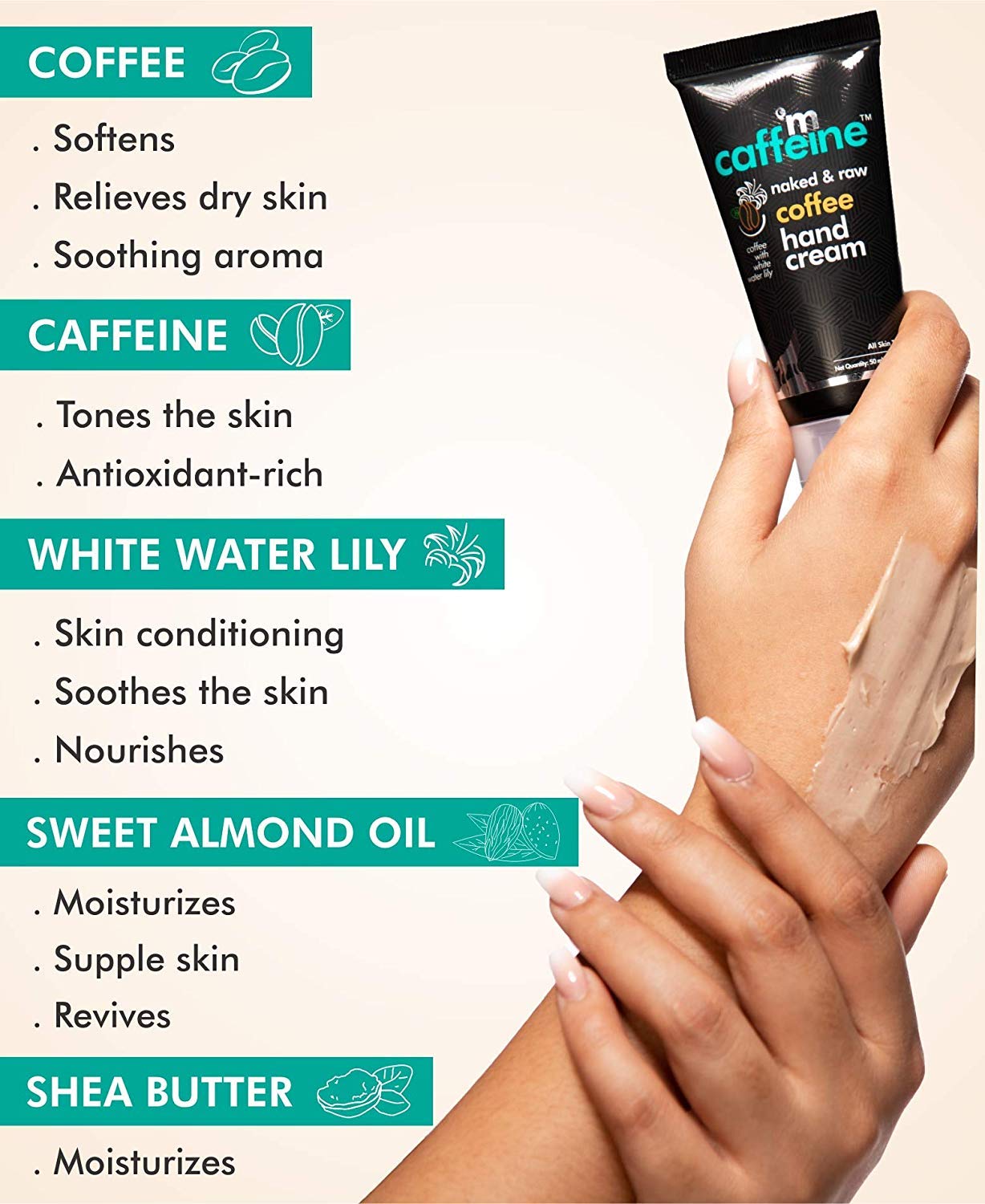 mCaffeine Coffee Hand Cream: Almond Oil & Shea Butter, 50 ml