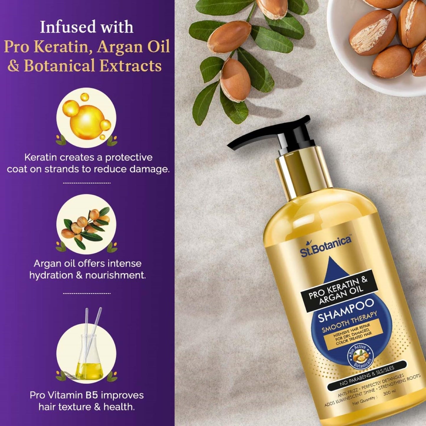 StBotanica Pro Keratin & Argan Oil Shampoo: Smooth Therapy, 300 ml