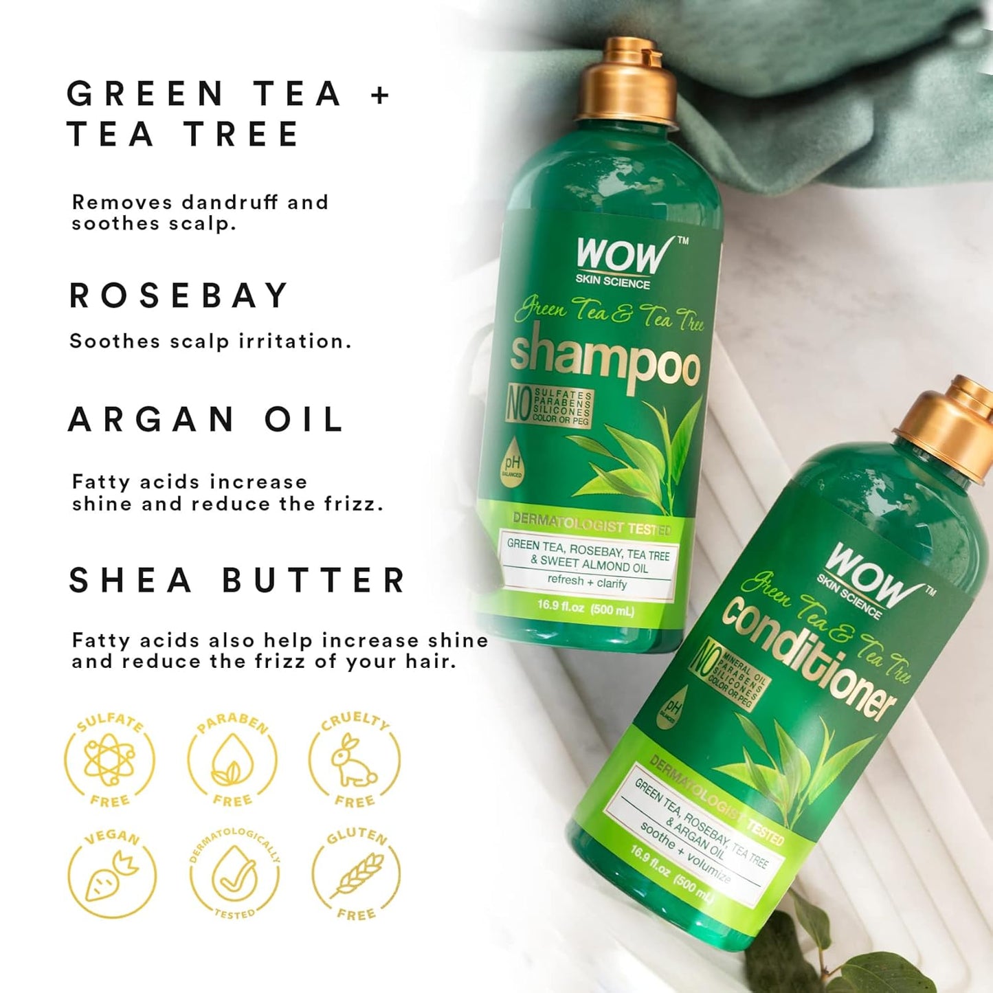 WOW Green Tea & Tea Tree Shampoo & Conditioner Set: 500 ml each