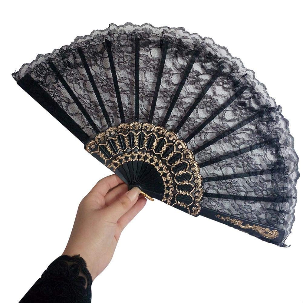 iKonbi Colored Embroidered Flower Pattern Black Silk Cloth Folding Hand Fan for Woman