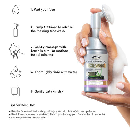 WOW Activated Charcoal Face Wash: With Built-In Brush, 150 ml