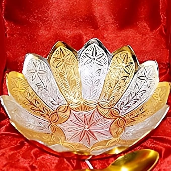 iKonbi Fancy Metal Gold and Silver Plated Floral Flower Shape 5 Pieces Set 2 Bowls 2 Spoons 1 Tray in Red Velvet Box Ideal for dryfruits Party Prop Also Known as pandan