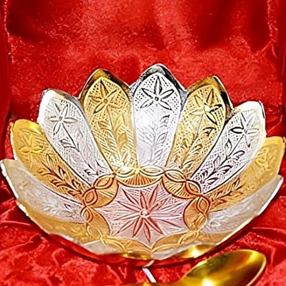 iKonbi Fancy Metal Gold and Silver Plated Floral Flower Shape 5 Pieces Set 2 Bowls 2 Spoons 1 Tray in Red Velvet Box Ideal for dryfruits Party Prop Also Known as pandan
