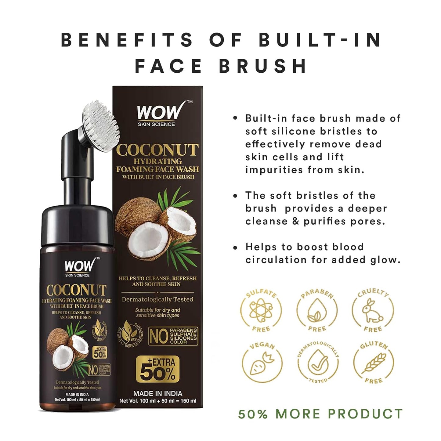 WOW Coconut Hydrating Foaming Face Wash Cleaner: With Brush, 150 ml