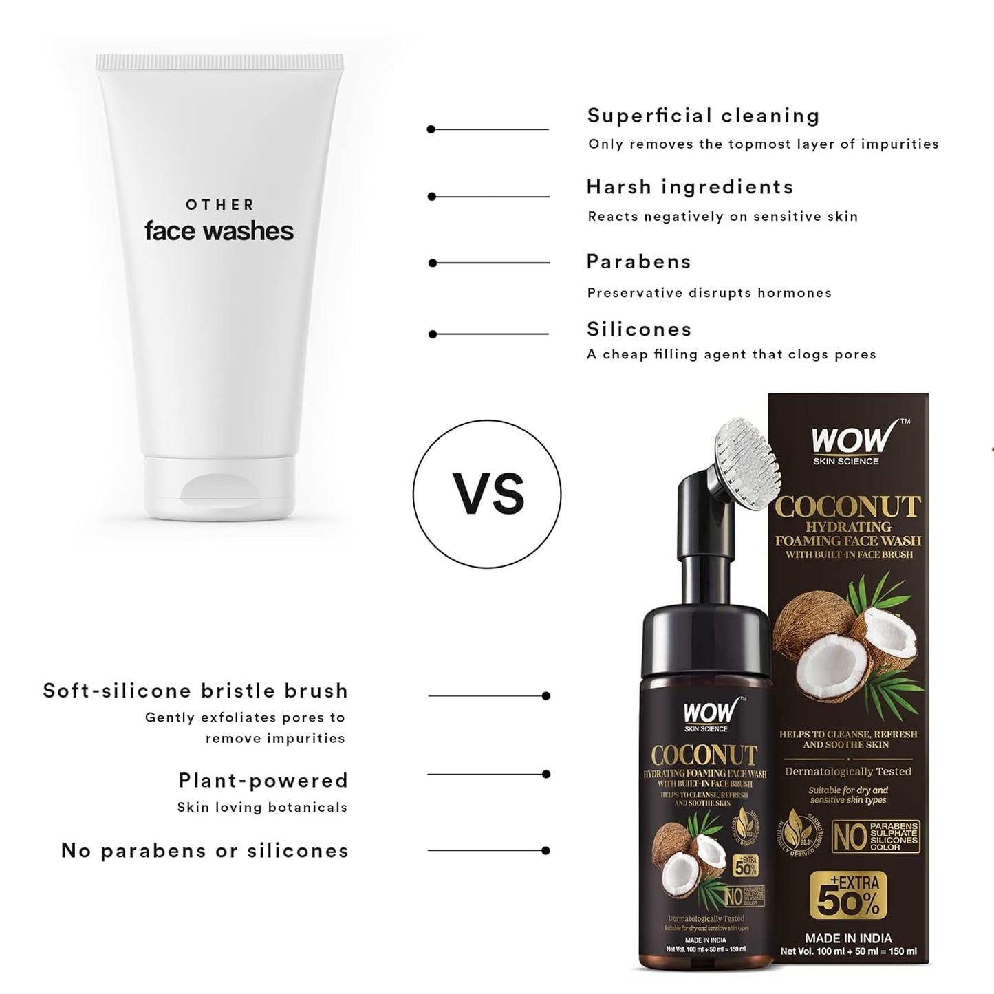 WOW Coconut Hydrating Foaming Face Wash Cleaner: With Brush, 150 ml