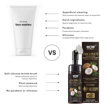 WOW Coconut Hydrating Foaming Face Wash Cleaner: With Brush, 150 ml