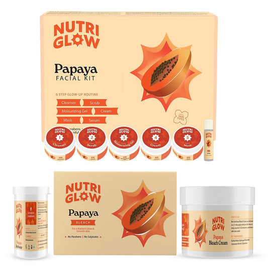 Nutriglow Papaya Fruit Facial Kit(250gm + 10Ml) & Papaya Fruit Beach Cream(43Gm) for Youthful Glow, Deep Exfoliation, Lightening Facial Hair, Dark Spot Corrector, All Skin Types,