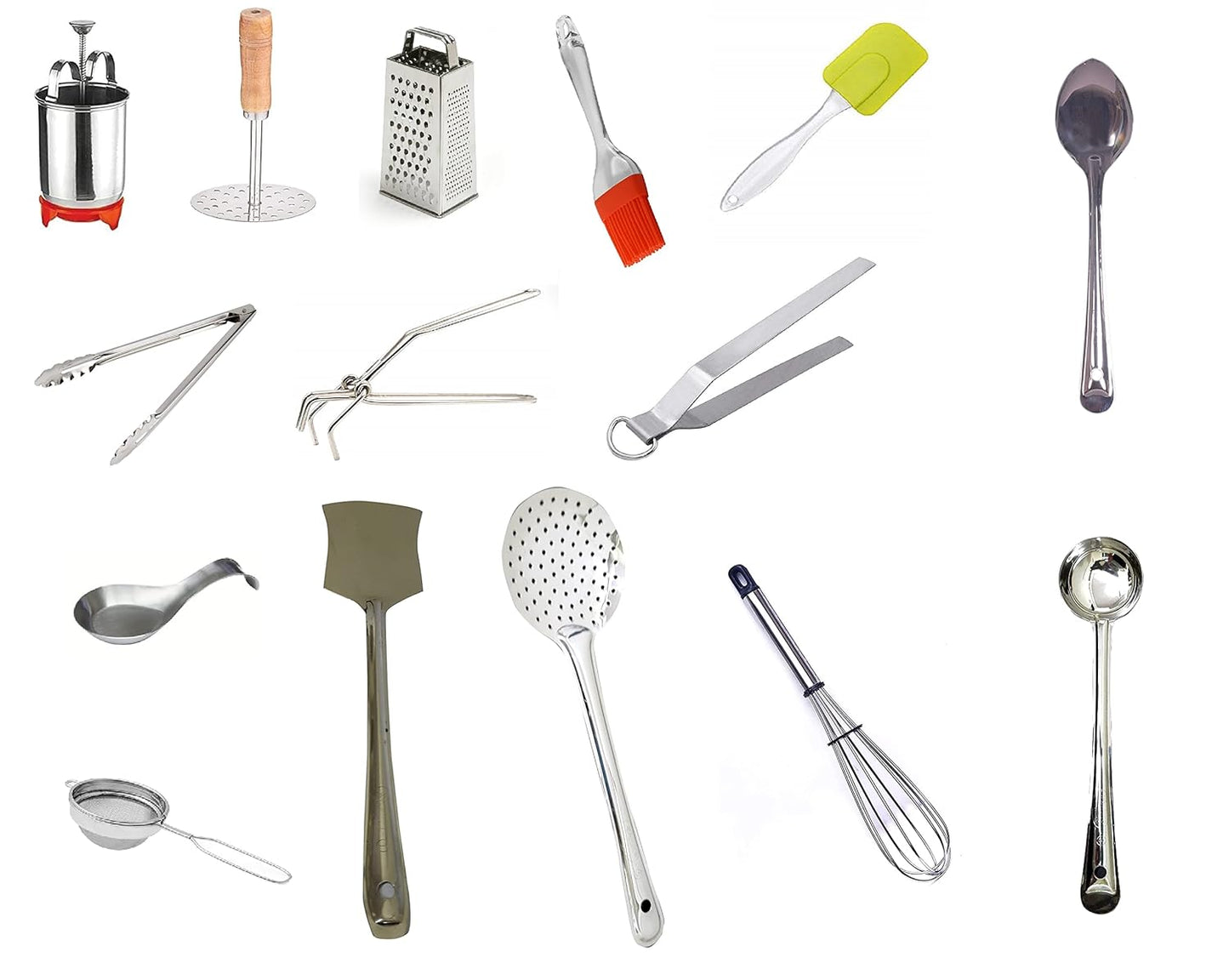 iKonbi Stainless Steel 15 in 1 Perfect Kitchen Tool combo Set- Potato Masher, Mendu Vada