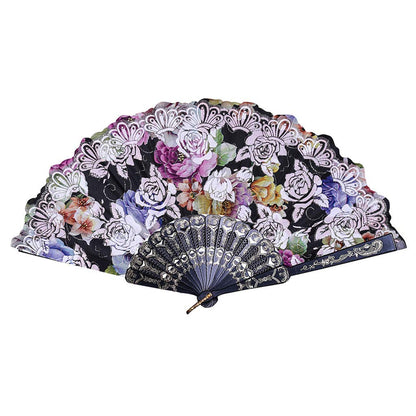 iKonbi Colored Embroidered Flower Pattern Black Silk Cloth Folding Hand Fan for Woman