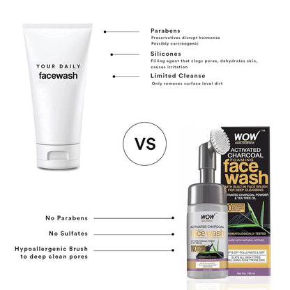 WOW Activated Charcoal Face Wash: With Built-In Brush, 150 ml