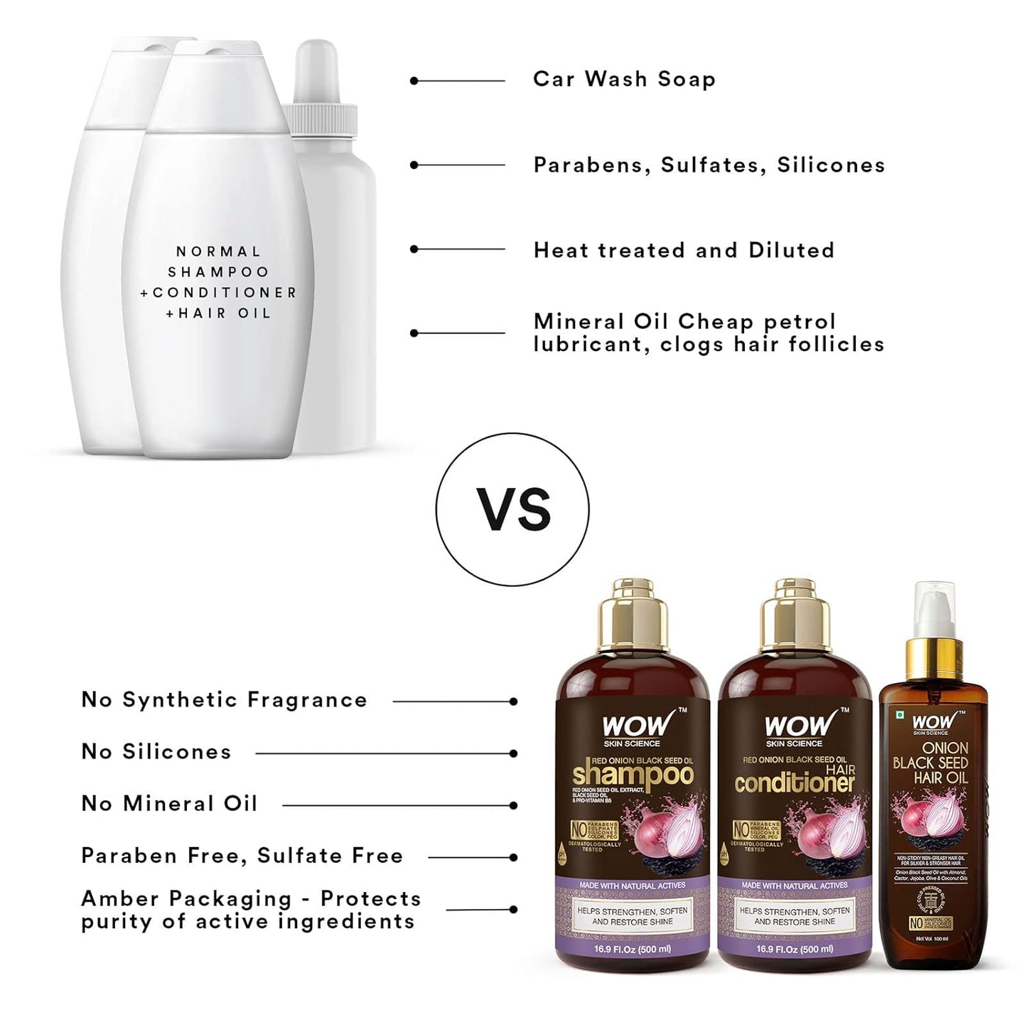 WOW Onion Black Seed Oil Shampoo & Conditioner Set: 500 ml each + 100 ml Hair Oil
