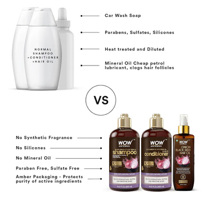 WOW Onion Black Seed Oil Shampoo & Conditioner Set: 500 ml each + 100 ml Hair Oil