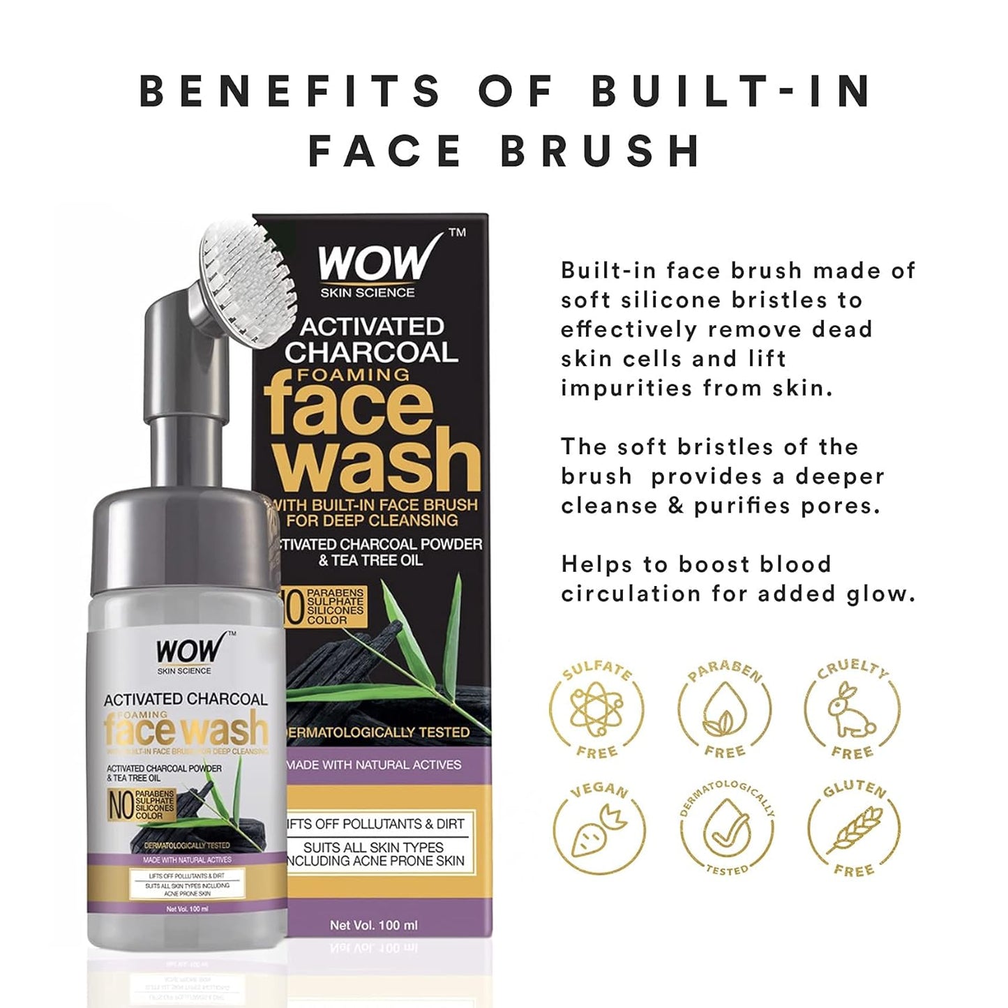 WOW Activated Charcoal Face Wash: With Built-In Brush, 150 ml