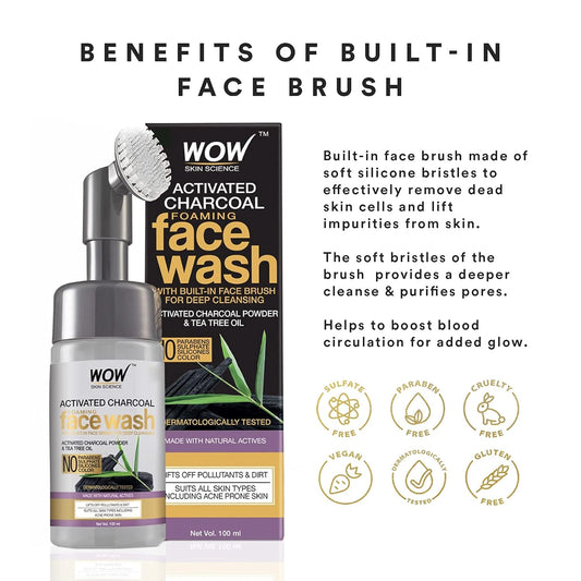 WOW Activated Charcoal Face Wash: With Built-In Brush, 150 ml