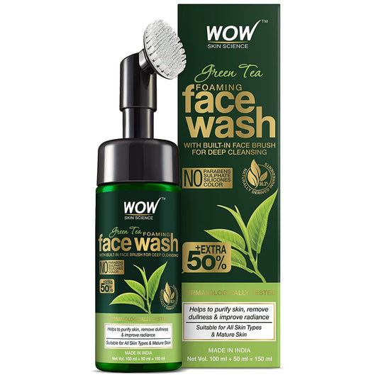 WOW Skin Science Green Tea Foaming FaceWash with Built-In Face Brush with Green Tea & Aloe