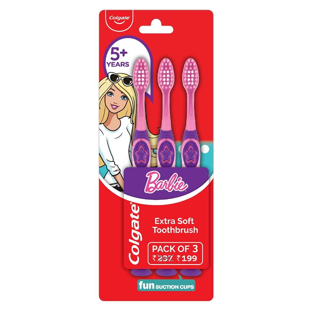Colgate Kids Barbie Toothbrush, Extra Soft with Tongue Cleaner (Pack of 3)