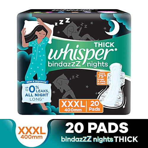 Whisper Bindazzz Nights Sanitary Pads - Wider Back, Up To 0% Leak, Provides All Night Prot