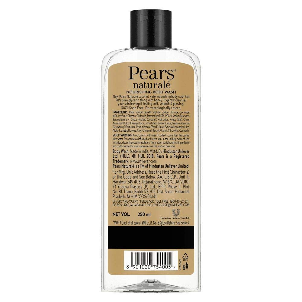 Pears Naturale Nourishing Coconut Water Bodywash With Glycerine, Soap Free, Paraben Free, Eco Friendly, Dermatologically Tested, 250 ml