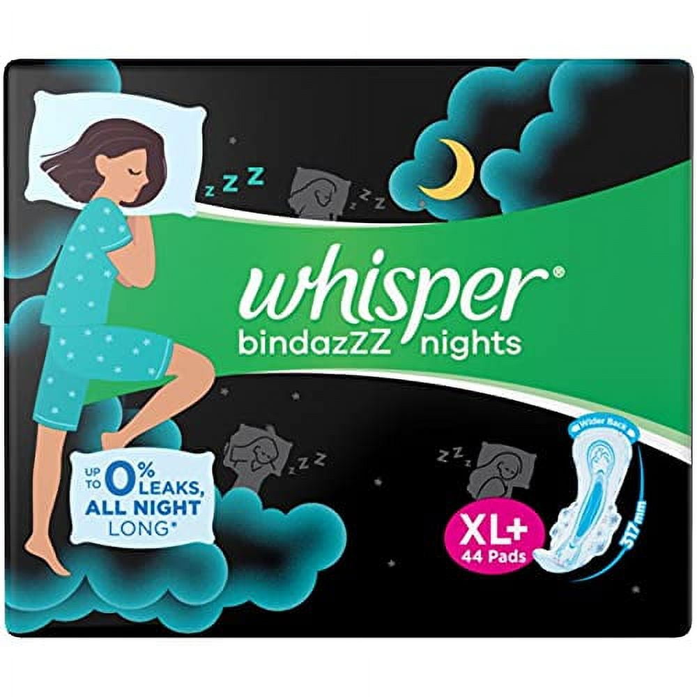 Whisper Bindazzz Night Sanitary Pads|Pack Of 44 Thin Pads|Xl+|Upto 0% Leaks|40% Longer & W