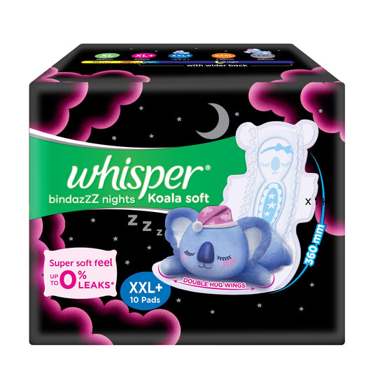 Whisper Bindazzz Night Koala Soft Sanitary Pads|Pack of 10 Pads|XXL+|upto 0% Leaks|60% Lon