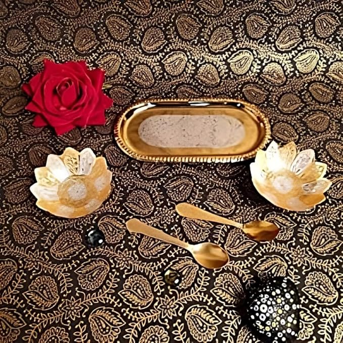 iKonbi Fancy Metal Gold and Silver Plated Floral Flower Shape 5 Pieces Set 2 Bowls 2 Spoons 1 Tray in Red Velvet Box Ideal for dryfruits Party Prop Also Known as pandan