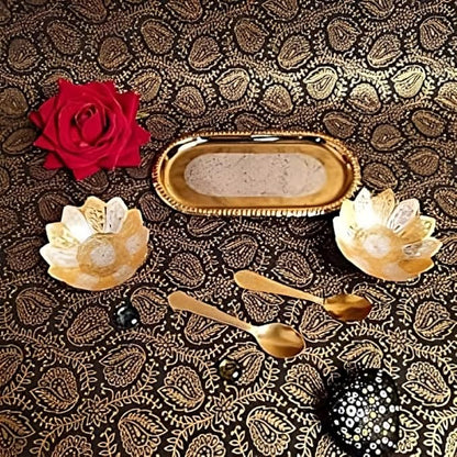 iKonbi Fancy Metal Gold and Silver Plated Floral Flower Shape 5 Pieces Set 2 Bowls 2 Spoons 1 Tray in Red Velvet Box Ideal for dryfruits Party Prop Also Known as pandan