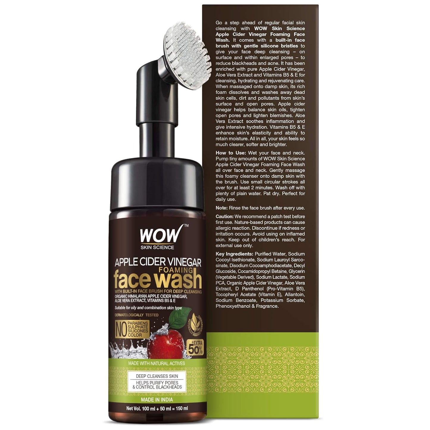 WOW Apple Cider Vinegar Foam Face Wash & Brush: 150 ml
