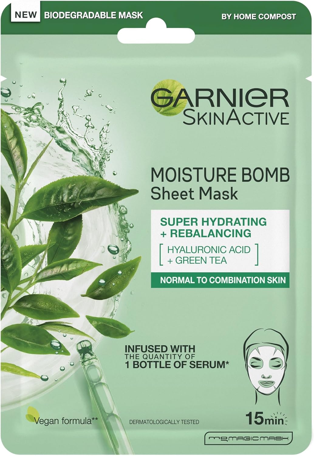 Garnier Moisture Bomb Green Tea and Hyaluronic Acid Sheet Mask, Hydrating & Rebalancing Fa