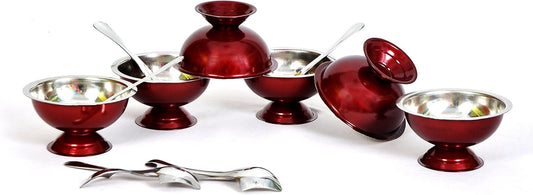 iKonbi Maroon Stainless Steel ice Cream Cup/Soup Set of 12 Bowl and Spoon Set- 6