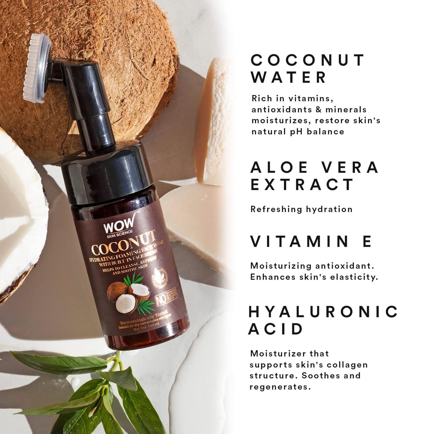 WOW Coconut Hydrating Foaming Face Wash Cleaner: With Brush, 150 ml