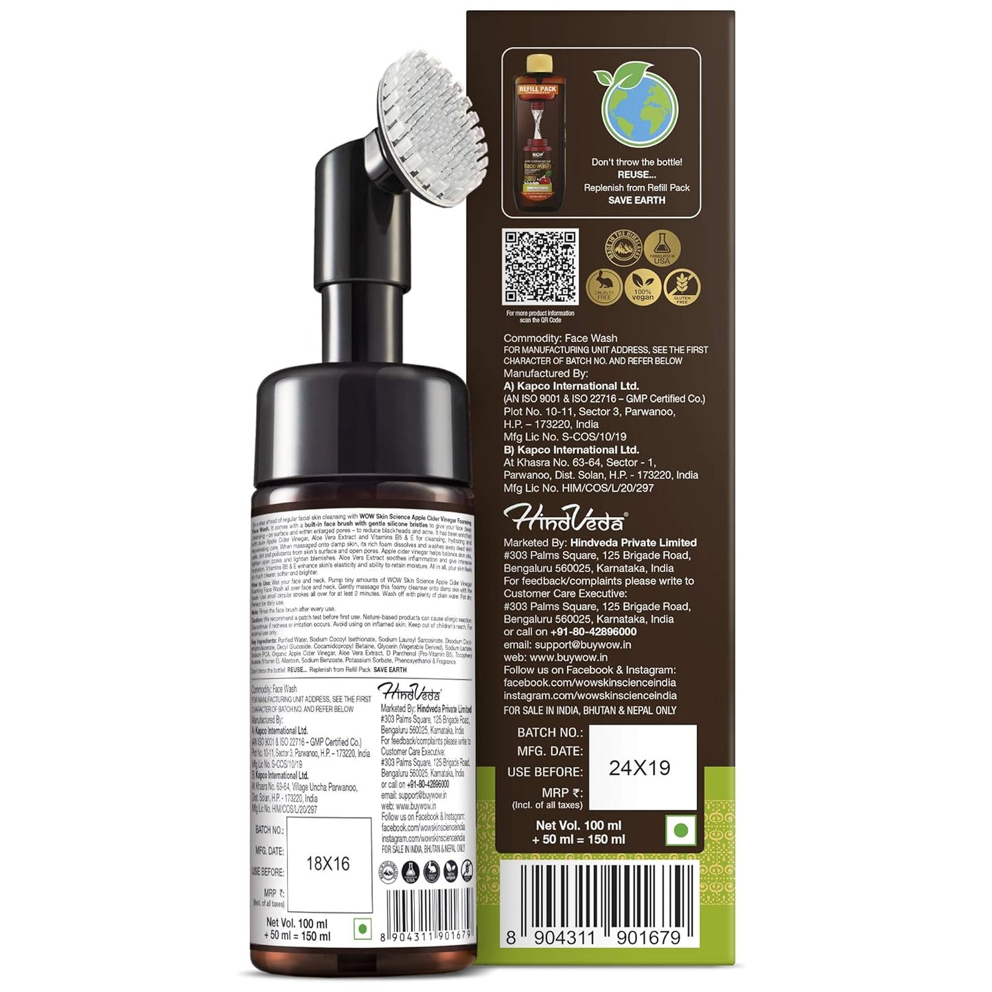 WOW Apple Cider Vinegar Foam Face Wash & Brush: 150 ml