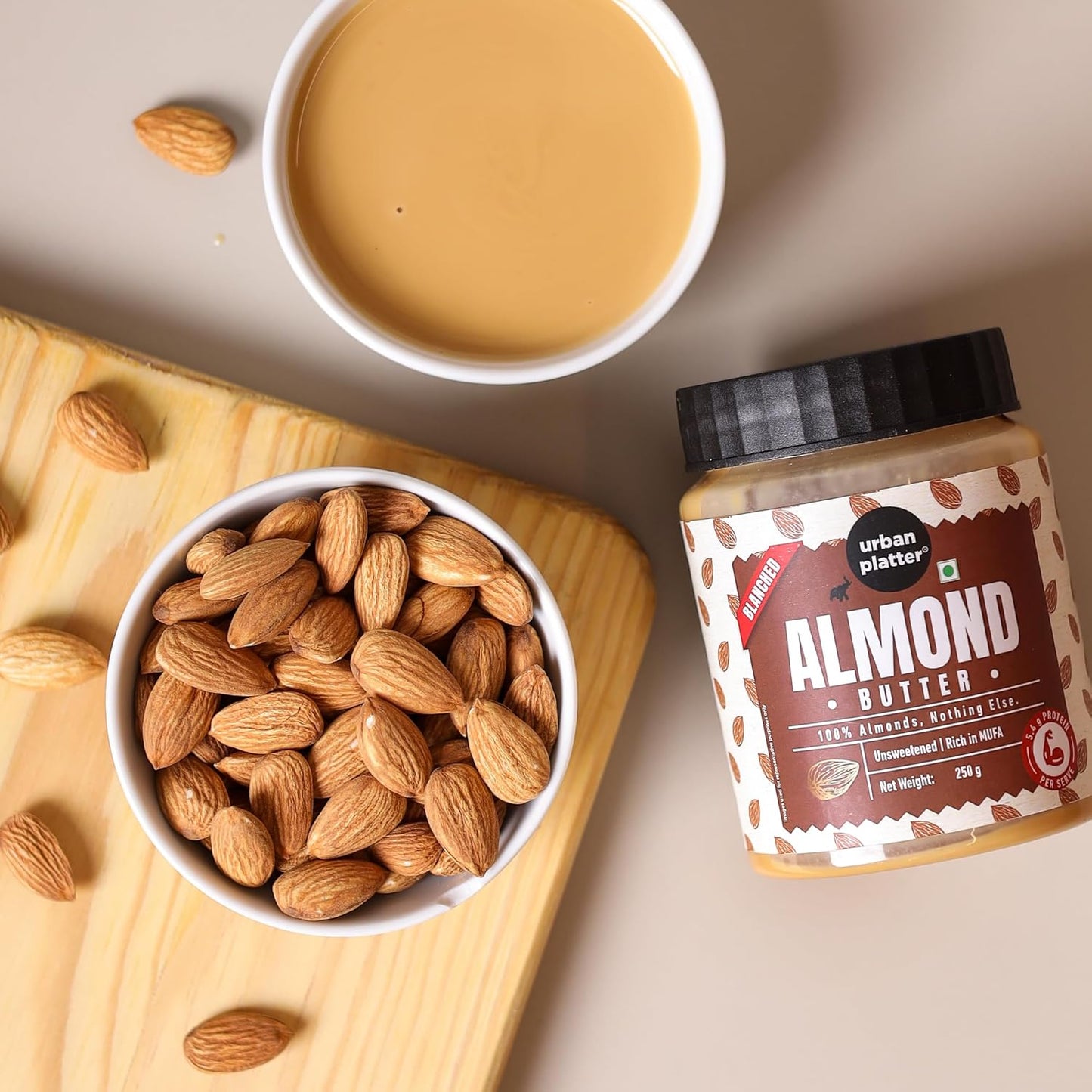 Urban Platter Almond Butter (Without Skin), 250g (Nutty Flavour | Single Ingredient | Keto-Friendly | Blanched Paste)
