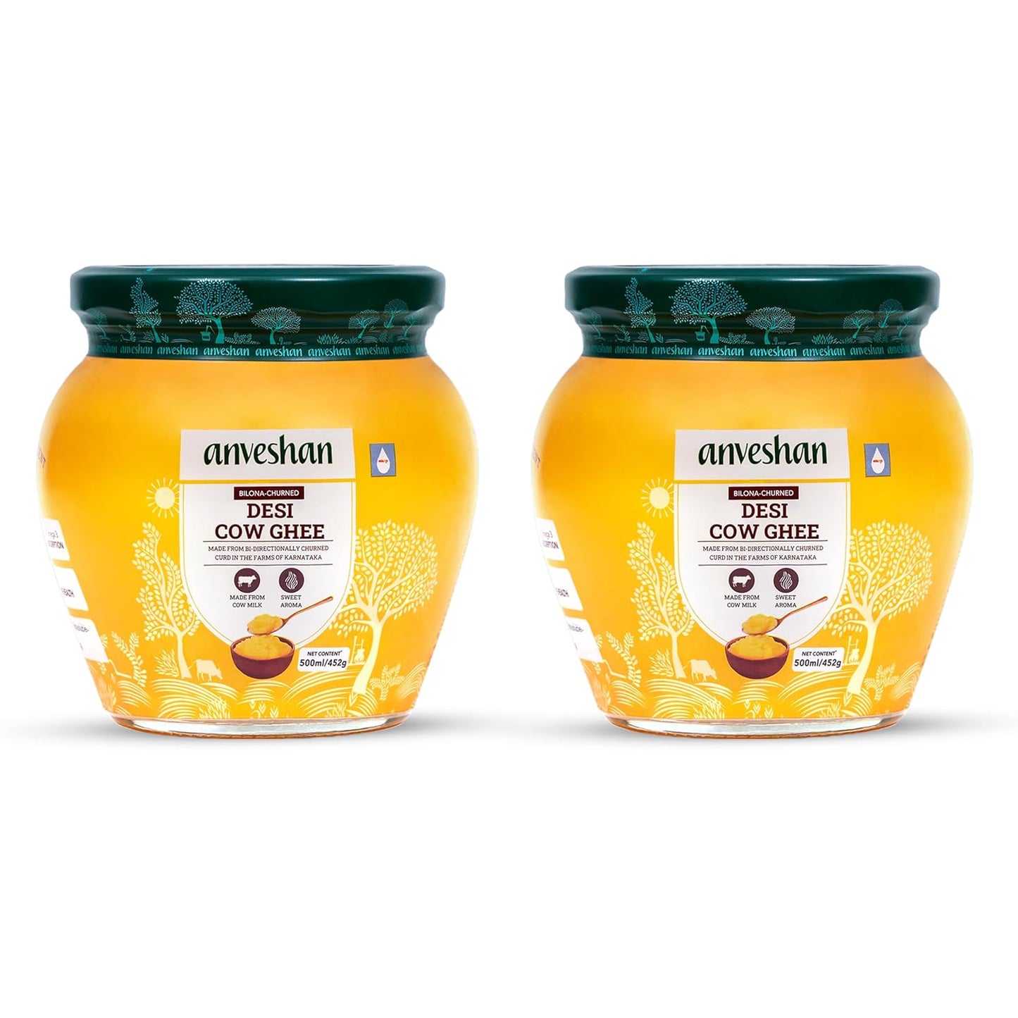 Anveshan A2 Vedic Bilona Cow Ghee: 500ml, Glass Jar, Pack of