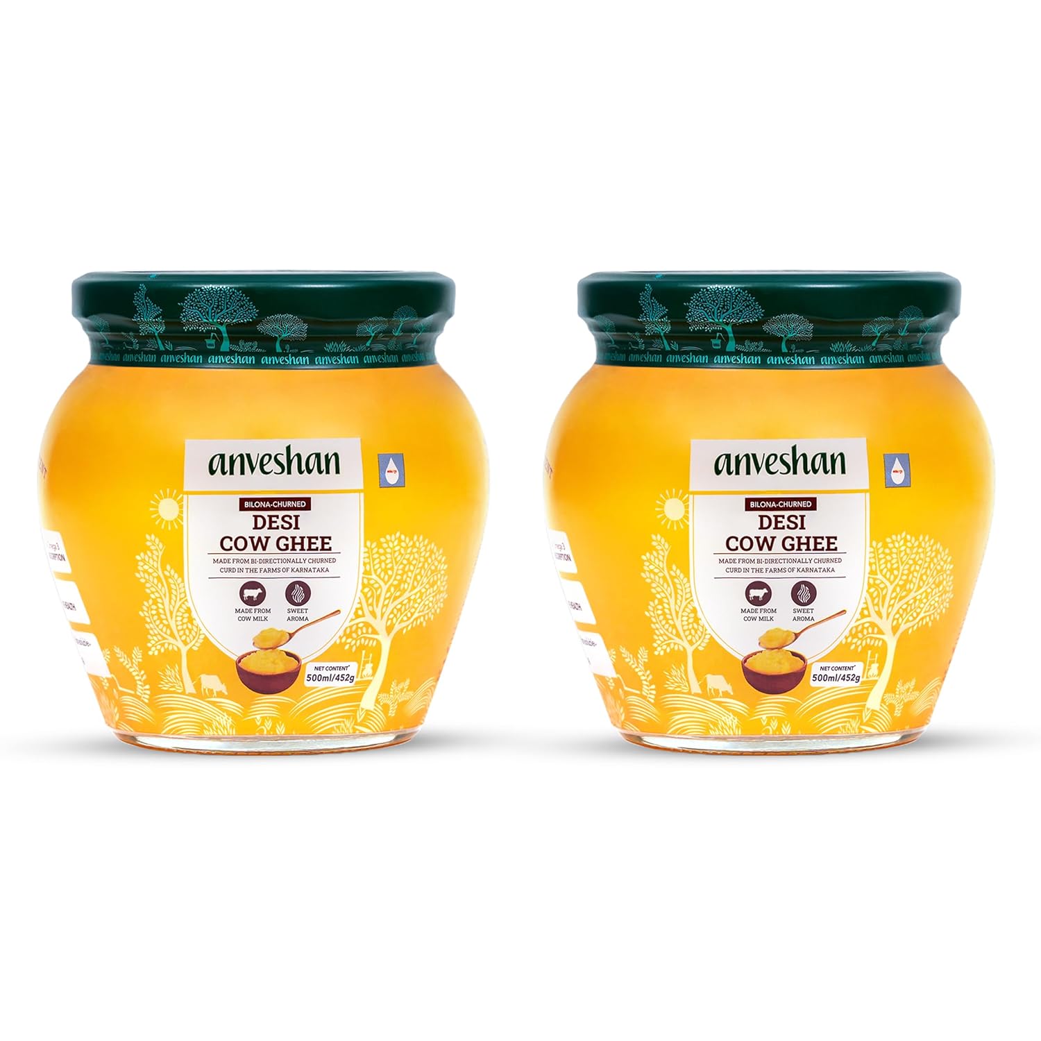 Anveshan A2 Vedic Bilona Cow Ghee: 500ml, Glass Jar, Pack of