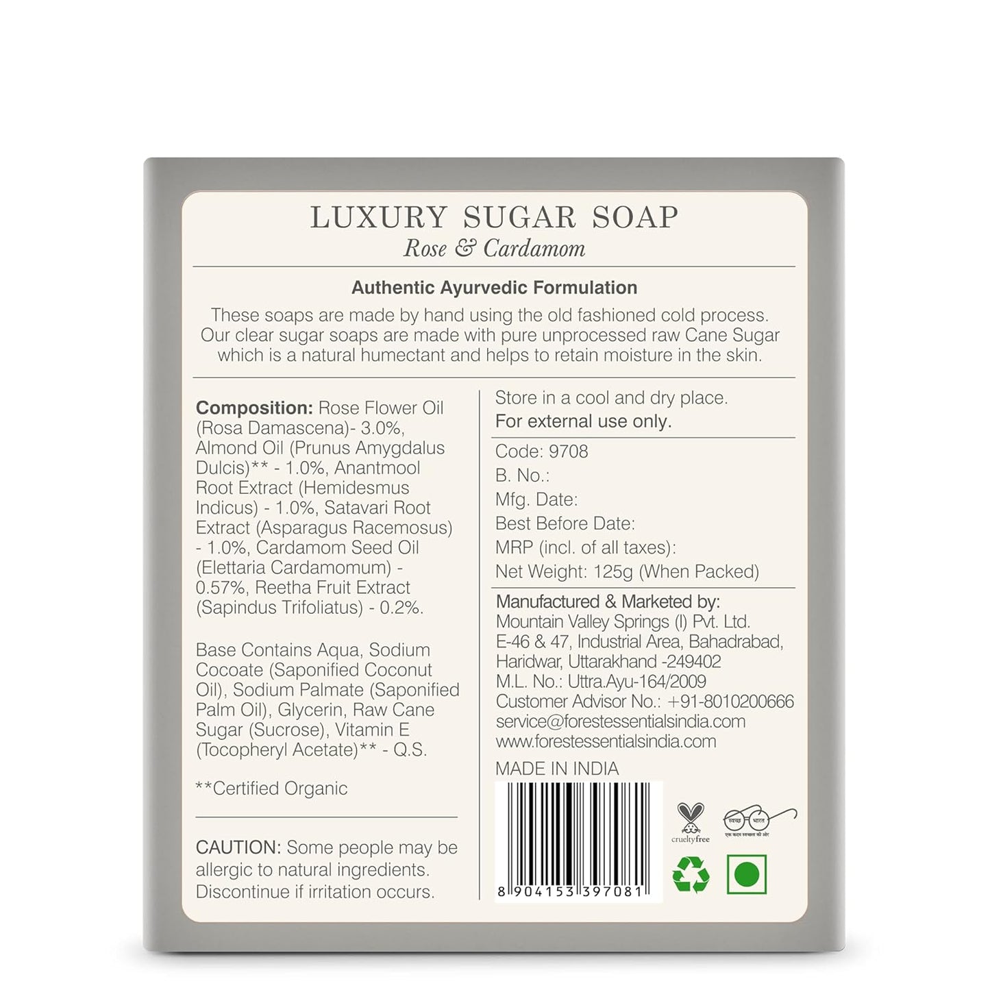 Forest Essentials Luxury Sugar Soap Rose Cardamom 125g