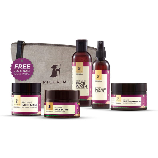 Pilgrim Red Vine Premium Face Care Kit with Jute Bag, FaceWash 100ml, Mist Toner 100ml, S