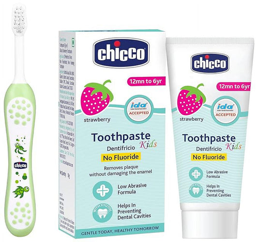 Chicco Green Toothbrush 6-36M With Chicco Strawberry Toothpaste 12M+