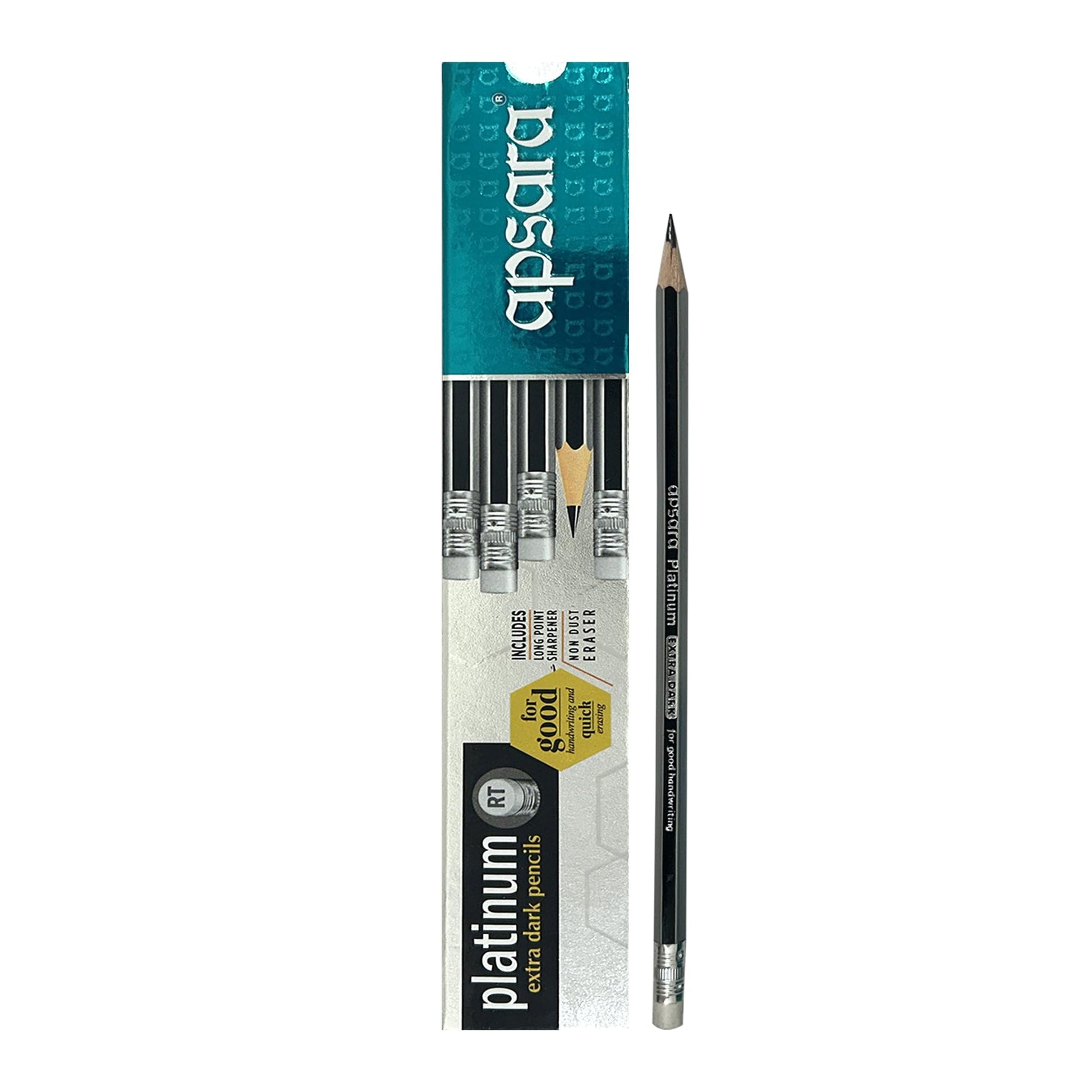 Apsara Platinum Pencils Rubber Tip, Hexagonal Body For Strong Grip, Extra Dark, Good Handw