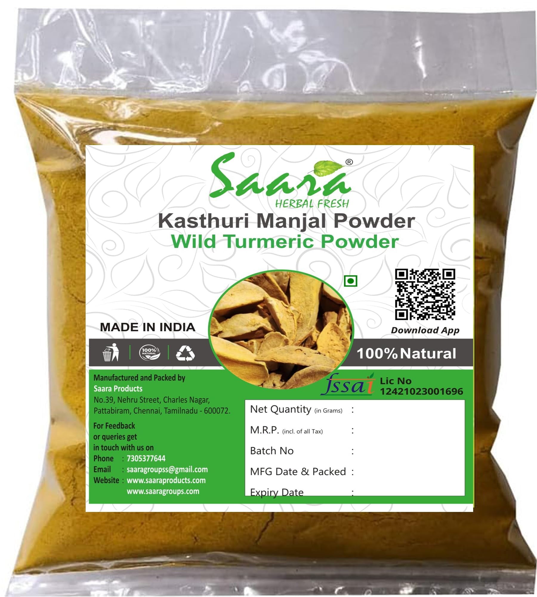 Saara HERBAL FRESH Kasturi Manjal Powder, 100g Wild Turmeric Root Powder, Kasthuri Haldi,