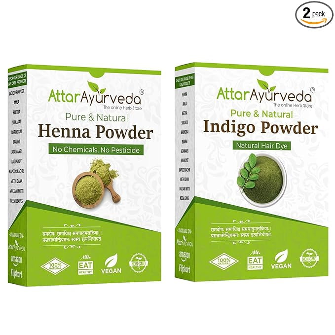 Attar Ayurveda Natural Dye for Black Hair (Henna Leaves powder, Indigo leaves powder combo