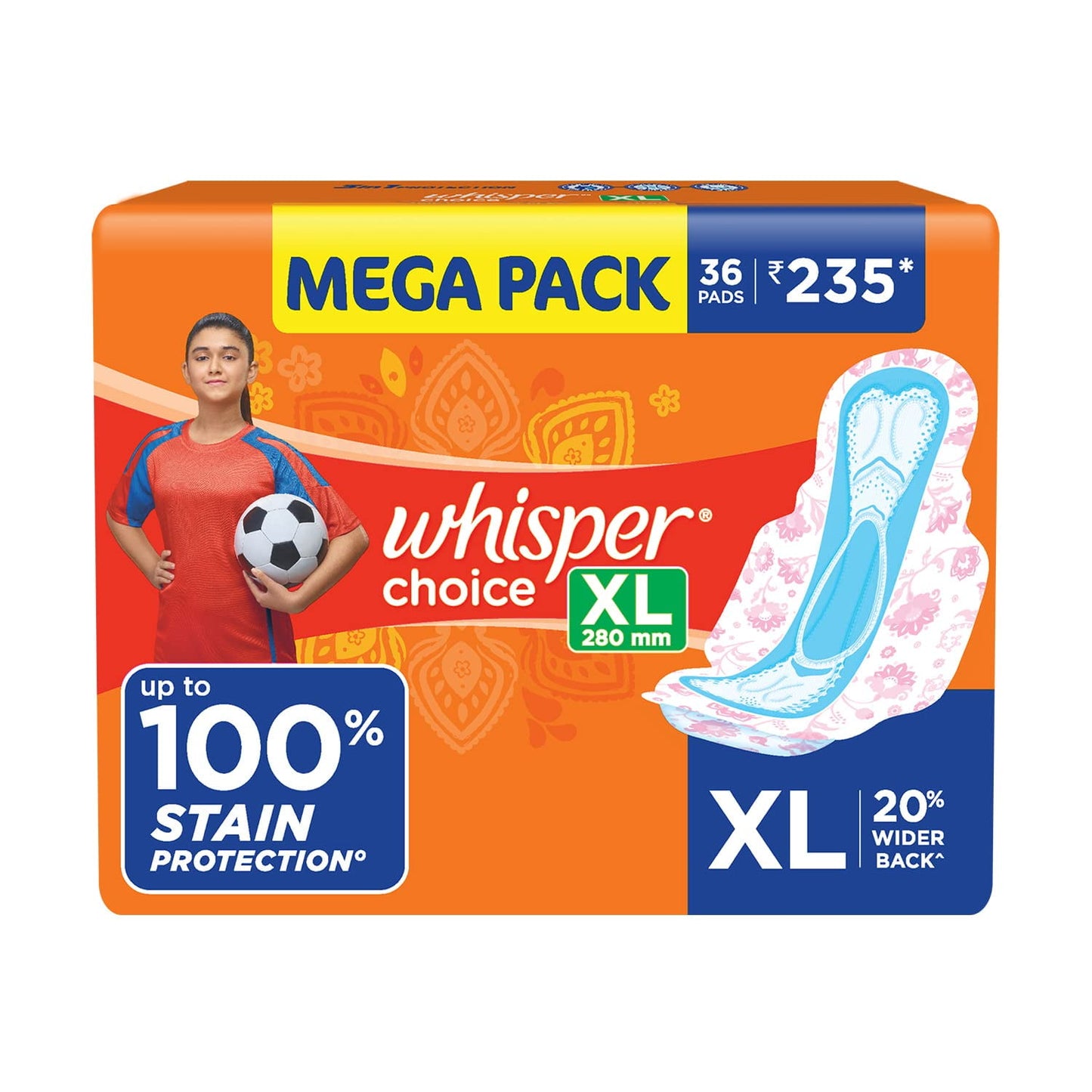 Whisper Choice Xl Sanitary Pads|Pack Of 36 Thick Pads|Xl|Upto 100% Stain Protection|Side S
