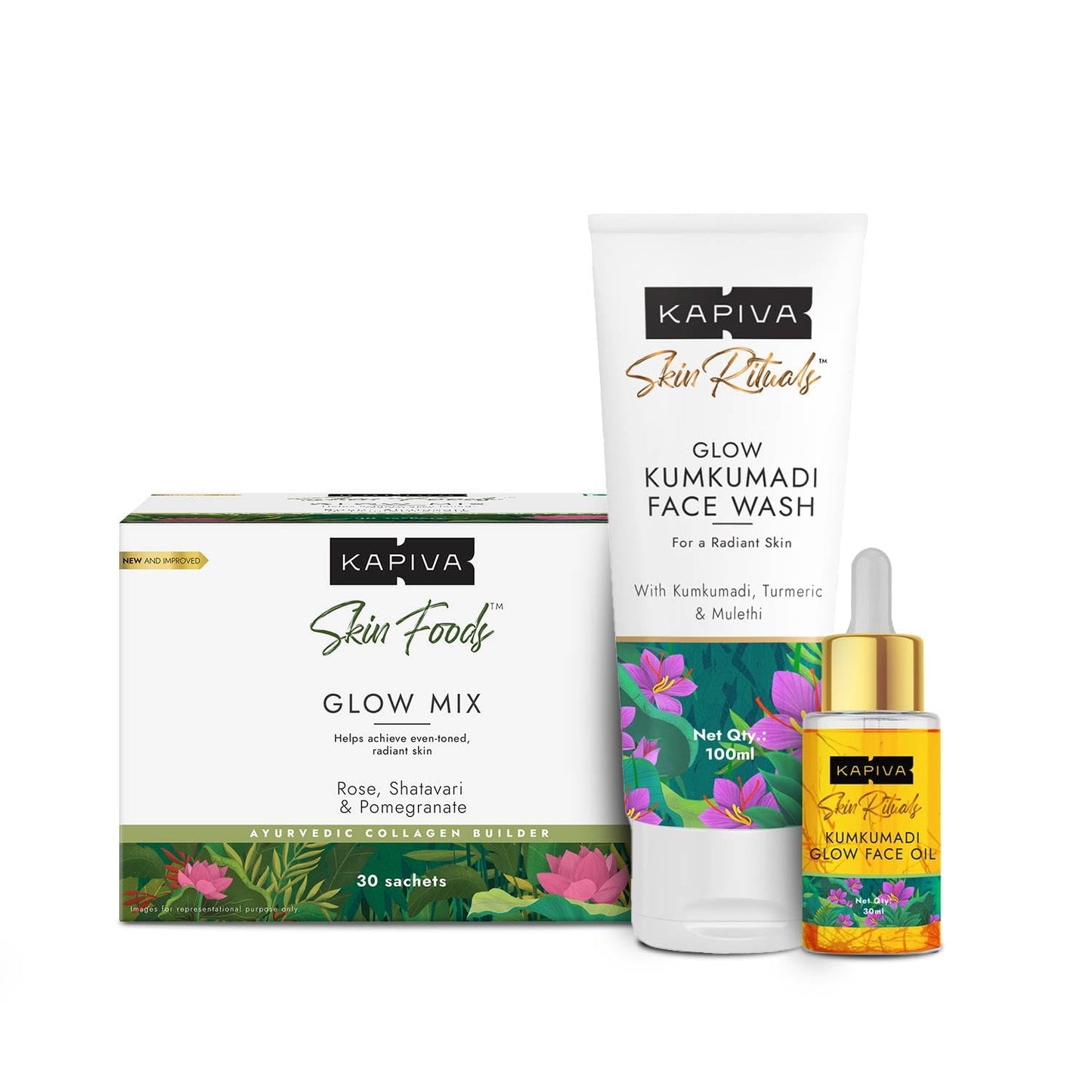 Kapiva Glow Kumkumadi FaceWash | Kumkumadi Glow Face Oil | Skin Foods Glow Mix | Reduce Pi