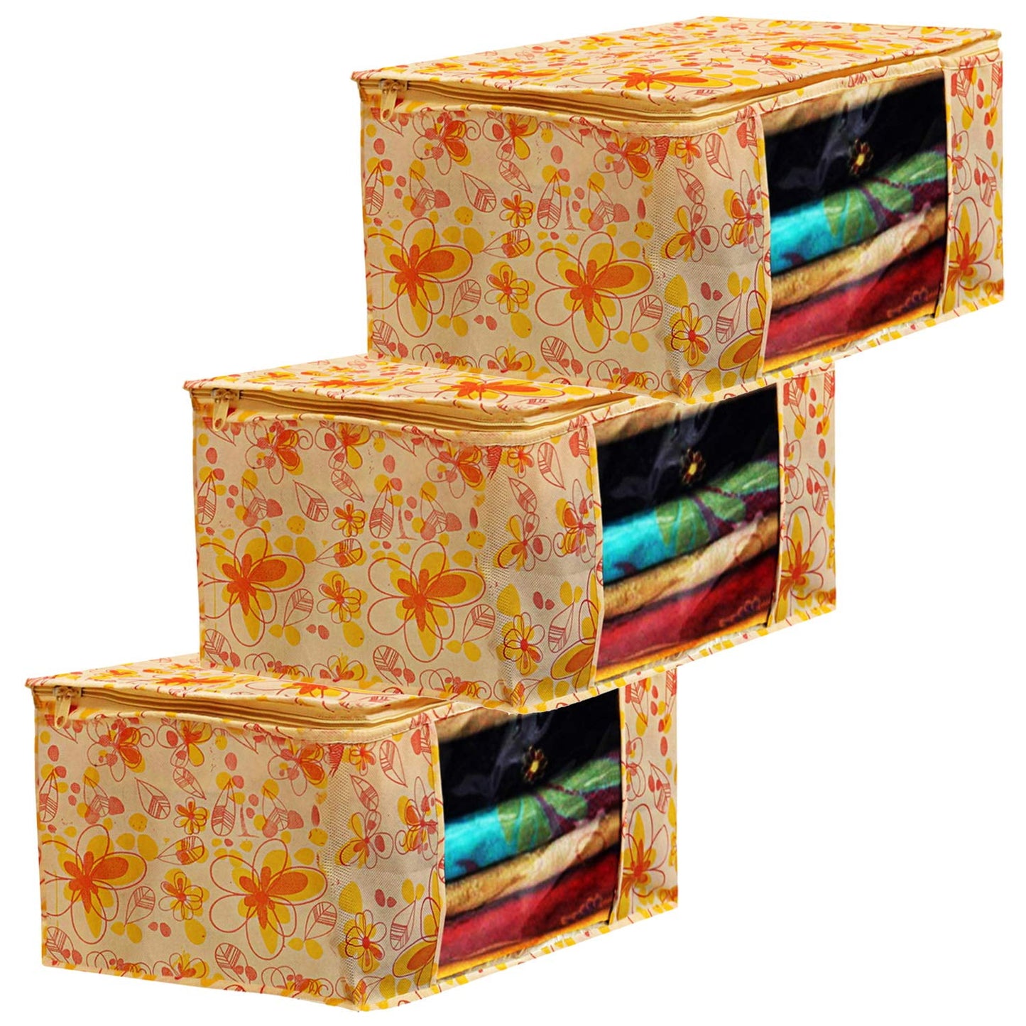 Kuber Industries Flower Design 3 Piece Non Woven Fabric Saree Cover