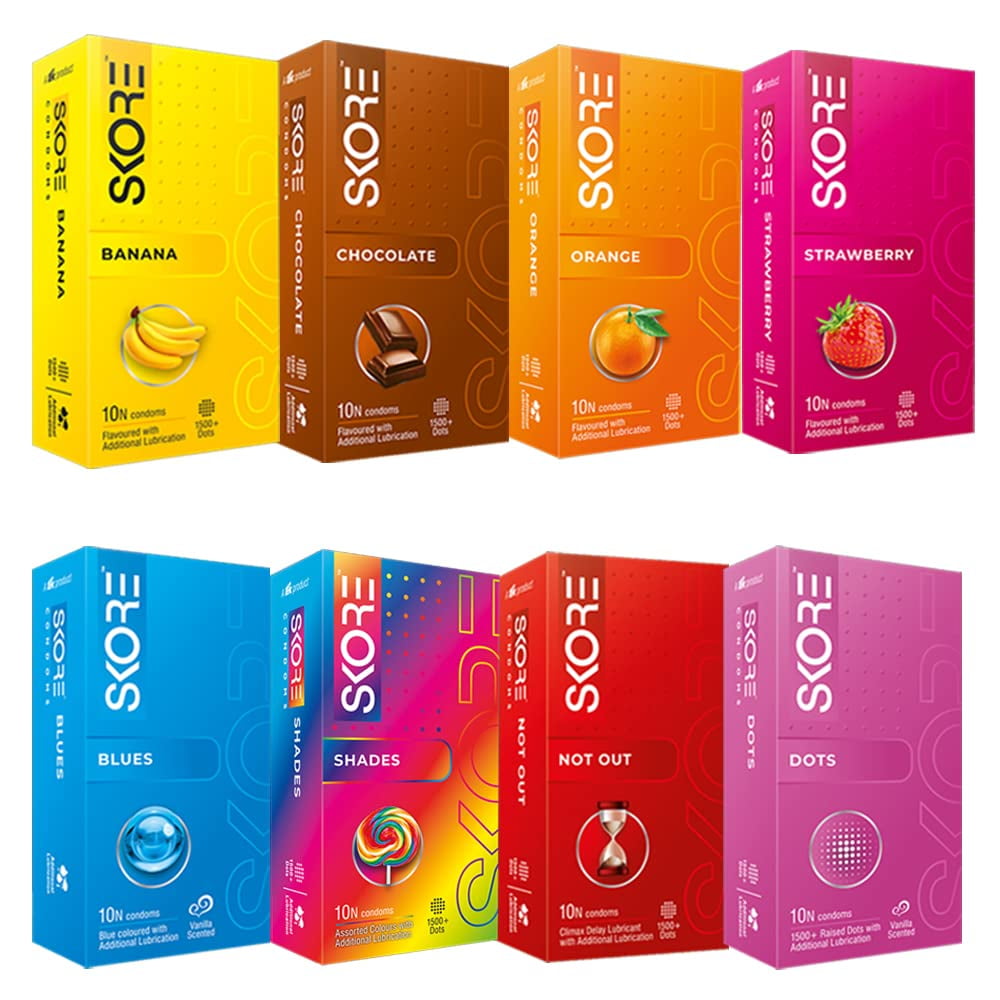Skore New Adventure Pack | Assorted Flavoured | Quality Condoms - 10 Pieces, Pack Of 8