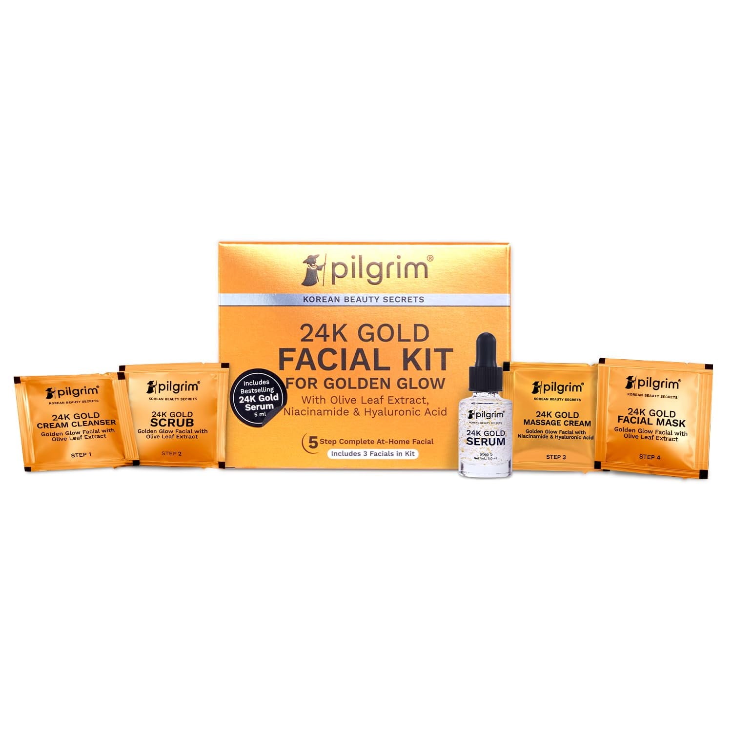Pilgrim 24K Gold Facial Kit For Instant Radiance & Golden Glow With 5 Easy Steps | With Go