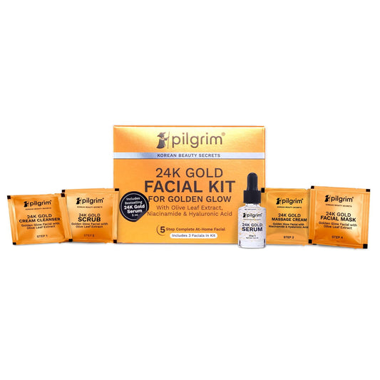 Pilgrim 24K Gold Facial Kit For Instant Radiance & Golden Glow With 5 Easy Steps | With Go