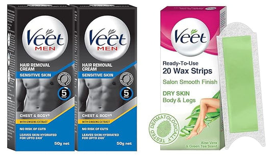Veet Hair Removal Cream for Men, Sensitive Skin, 50g Each (Pack of 2) & Instant Waxing Kit