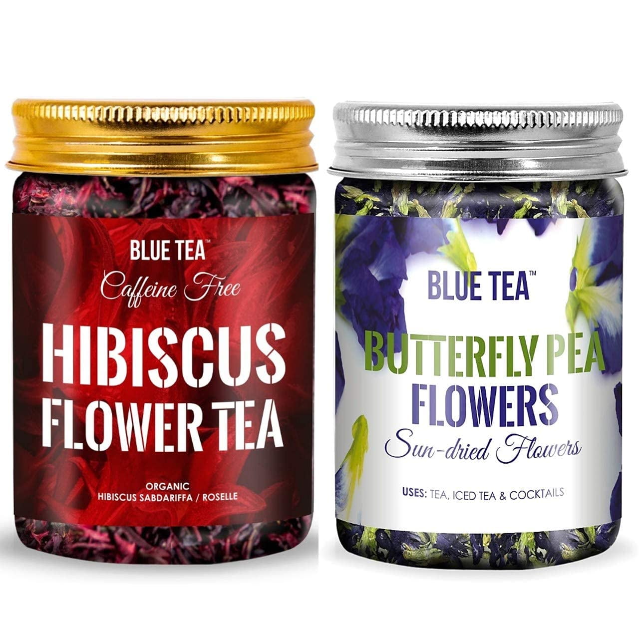 BLUE TEA - Combo Pack - Butterfly Pea Flower Tea (1.76oz) & Hibiscus Flower Tea (3.5oz) -