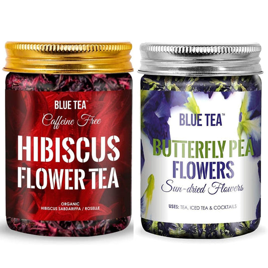 BLUE TEA - Combo Pack - Butterfly Pea Flower Tea (1.76oz) & Hibiscus Flower Tea (3.5oz) -